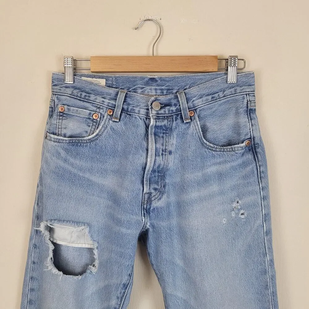Levis 501 93 Jeans Men 29 Light Wash Blue Denim Distressed Straight Crop Raw Hem